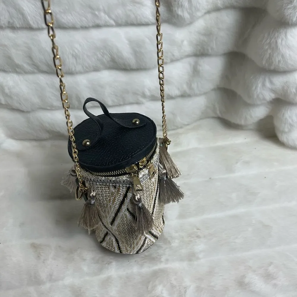 Mini tassels bucket bag beige ,brown and black with gold tone chain strap